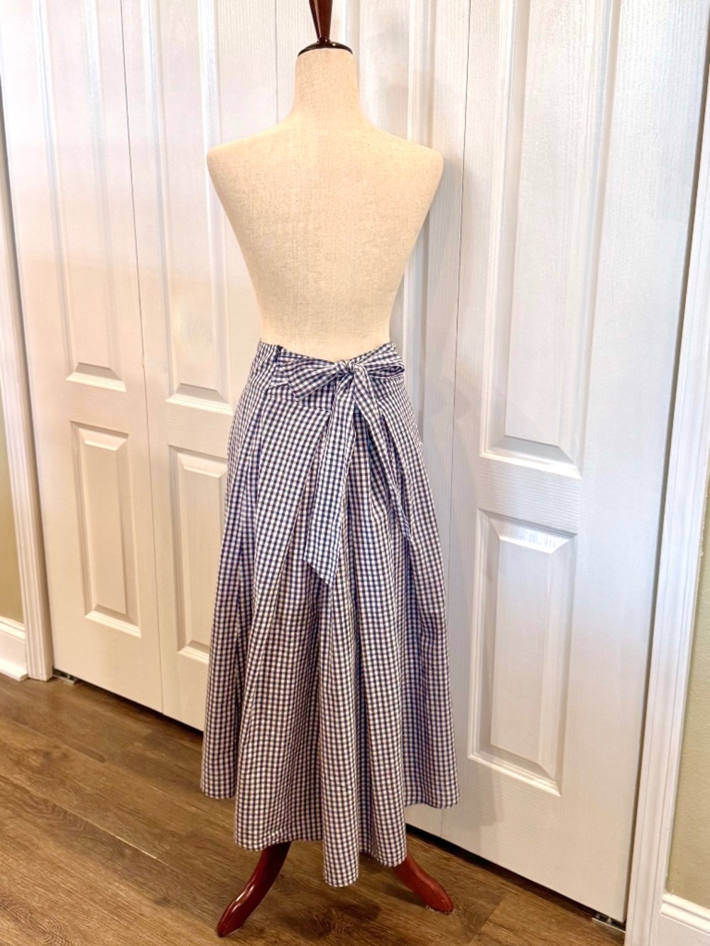 Midi-Maxi Skirt by Max Studio, Size 8-10 Blue Gingham Attached Sash Belt, Zipper